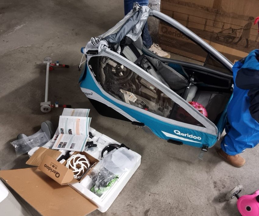 Fahrradtour mit 2 Kindern im Qeridoo Kidgoo2 Sport 2 Qeridoo Scheibenbremse Aufbau